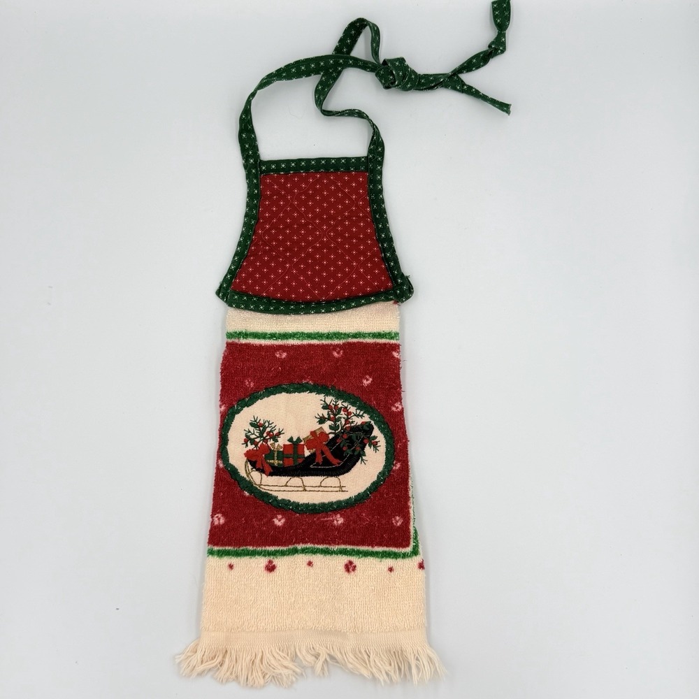 VTG Christmas Hanging Kitchen‎ Towel Quilted Top Embroidered Sleigh Decor A